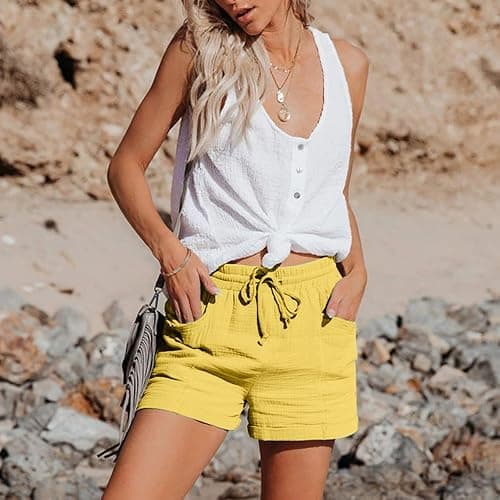 yxlaml Cotton Linen Shorts for Women Plus Size Elastic Waist Drawstring Summer Beach Shorts with Pockets thumbnail 6