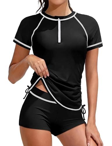 TyeSmo Girls Swimsuit Rash Guard Bathing Suit for Girls 2 Piece Short Sleeve Solid Color UPF 50+ Padded Zip Swimwear 7-14y - Image 1
