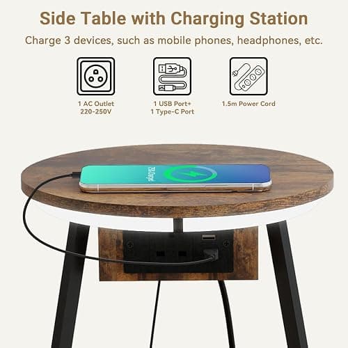 ARTETHYS Side Table with Charging Station, Small Round Coffee Table with 3 Colour LED Lights and Storage Basket, End Table with 3 Tier Shelves, Bedside Sofa Side Tables for Living Room Bedroom thumbnail 4