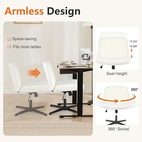 Sweetcrispy Criss Cross Chair Legged, Furry Armless Office Swivel Desk Chairs No Wheels, Vanity Height Adjustable Wide Seat Comfy Cute Computer Task Chair for Home Bedroom, Teddy Beige thumbnail 7