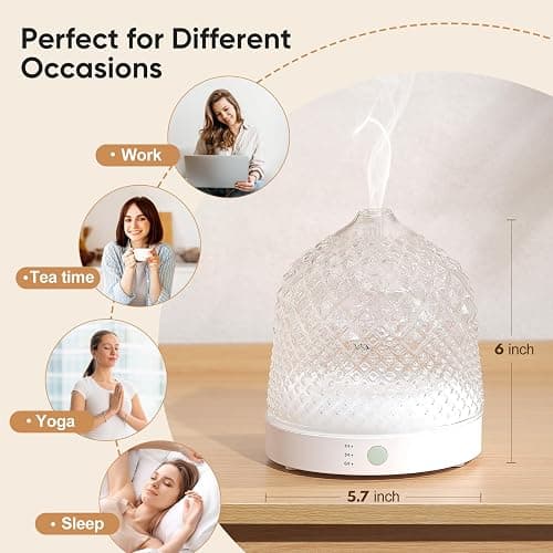 Lecdura Glass Essential Oil Diffuser, 200ml Ultrasonic Aroma Diffusers with Glass Reservoir Dome & White Plastic Base Lock Color Auto-Off Timer 7 Color Light for Home Office Bedroom Yoga thumbnail 7