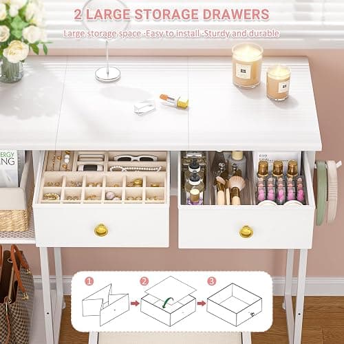 ThreeHio Vanity Desk Without Mirror, Makeup Vanity for Girls with 2 Fabric Drawers, Small Vanity Table with Iron Hook, 35 Inches Dressing Table with Storage, White thumbnail 3