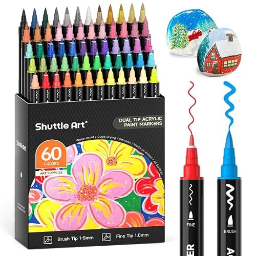 Shuttle Art 60 Colors Dual Tip Acrylic Paint Markers, Brush Tip and Fine Tip Acrylic Paint Pens for Rock Painting, Ceramic, Wood, Canvas, Plastic, Glass, Stone, Calligraphy, Card Making, DIY Crafts - Image 1