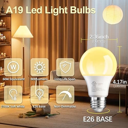 TJOY 6 Pack A19 LED Light Bulbs, 60 Watt Equivalent LED Bulb, Soft Warm White 2700K, Efficient 9W, E26 Standard Base, Non Dimmable Energy Saving Lightbulb, 800LM, 80 CRI, 120V, UL Listed thumbnail 2