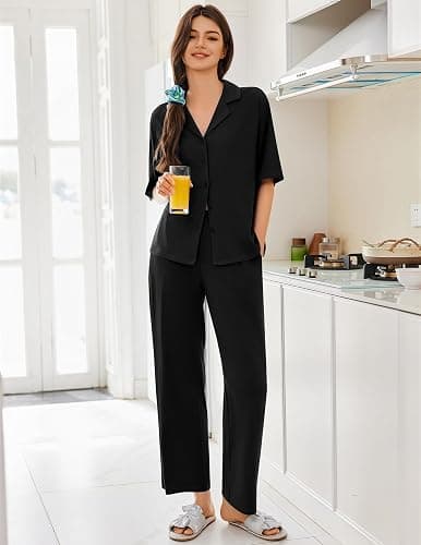 Ekouaer Women Pajamas Set Button Down Sleepwear Short Sleeve Pjs Soft Comfy Nightwear with Long Pants S-XXL thumbnail 3