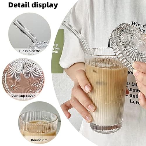 YAHUIPEIUS Glass Tumbler Stripe Glass Cup Coffee Cup With Lid and Straw LIDS DON'T SECURE 12.5 oz Drinking Glasses for Water,Iced Coffee,Milk,Tea,Juice (A-Stripe) thumbnail 6