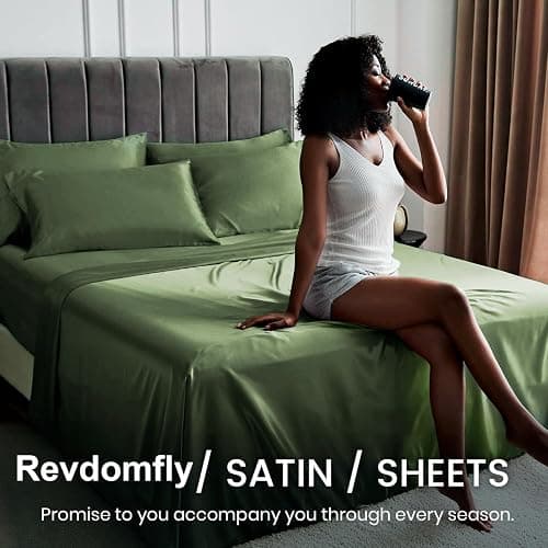 Revdomfly 4 Pcs Full Size Luxury Silky Soft Olive Green Satin Sheet Set,1 Premium Moisture Wicking Fitted Sheet Fits Up to 16 Inches Deep Pocket + 1 Flat Sheet + 2 Pillowcases（Olive Green, Full） thumbnail 3
