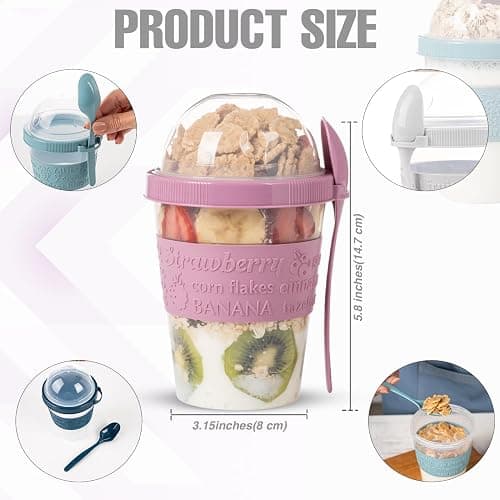 EYNEL 4 Pack Reusable On The Go Yogurt Parfait Cups, Breakfast Plastic Containers with Lids and Spoons, Perfect Jars for Overnight Oats Cereal Granola Oatmeal Smoothies and Snack Prep thumbnail 2