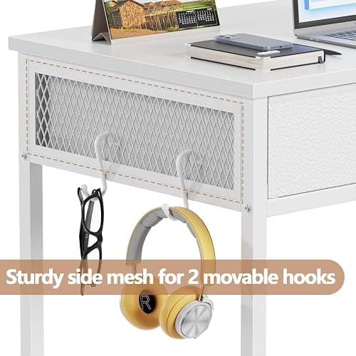Furologee White Small Computer Desk with 2 Fabric Drawers for Bedroom,34 Inch Simple Home Office Writing Desk, Vanity Desk with Hooks, Study Table for Adults Student Small Spaces thumbnail 5