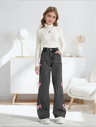 Peakpride Baggy Jeans for Girls Wide Leg High Elastic Waisted Cute Bow Denim Y2k Pant Trendy Boyfriend Skater Streetwear thumbnail 7