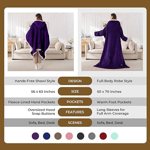 Kozyus Wearable Heated Blanket with Foot Pocket & Sleeves, Electric Blanket Heated Robe for Women & Men, 5 Heat Settings, 3H Auto-Off, Machine Washable, ETL Certified, Gift-Ready, 50x70 inches, Purple thumbnail 9