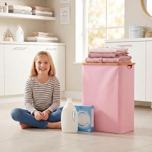 IEGrow Laundry Hamper with Lid,110L Laundry Basket with Mesh Bags,Pink | Dirty Clothes Hamper Basket with Bamboo Handle for Clothes Towels thumbnail 8