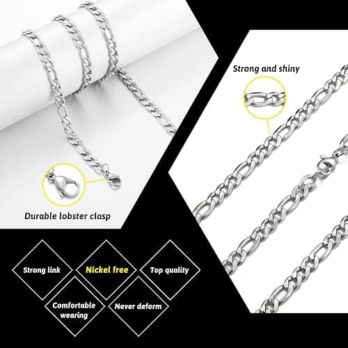 AFSTALR Chaine Figaro 1+3 Homme Cubaine Chaine en Acier lnoxydable Argent Colier 5mm Largeur thumbnail 2