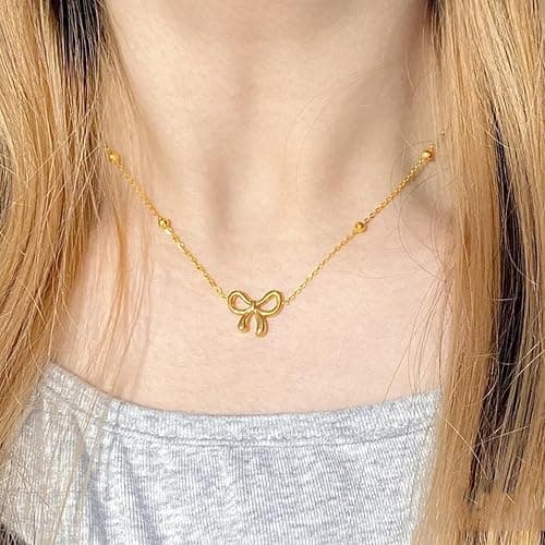 LUNADORN Bow Necklace Gold Necklace for Women 18K Dainty Gold Necklace Cute Small Tiny Bow Pendant Choker Chain Necklace Trendy Necklaces for Women Teen Gold Jewelry Gift thumbnail 2