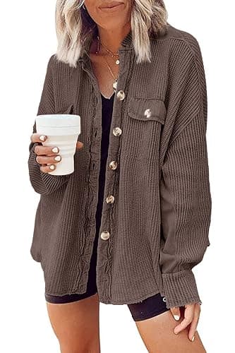 Nirovien Womens Waffle Knit Shacket Oversized Button Down Shirt Jacket Lightweight Spring Outfits Clothes thumbnail 2