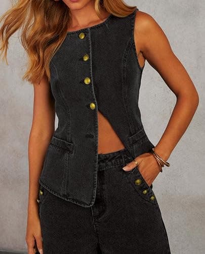 loveimgs Women 2 Piece Denim Set Button Sleeveless Jean Vest Denim Top Y2k Shirt Wide Leg Jeans Palazzo Pants Outfits thumbnail 2