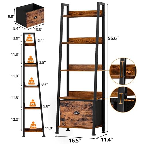 Furologee 5-Tier Ladder Shelf, Ladder Bookshelf with Removable Drawer, Rustic Bookcase Storage Rack Organizer, Wood Metal Freestanding Storage Shelf for Living Room, Home Office, Bedroom, Balcony thumbnail 3