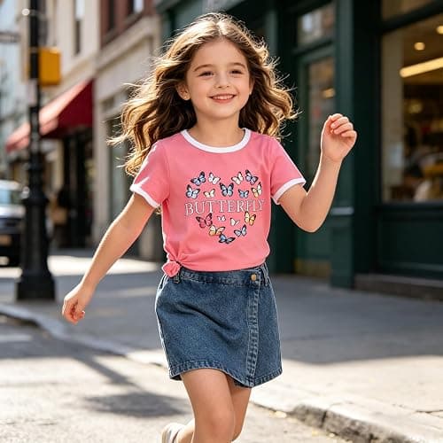 Voxikodex Girls Summer Clothes Butterfly Print Short Sleeve Tops and Denim Skirt Shorts Set Cute Outfits for Kids Girls 5-12Y thumbnail 5