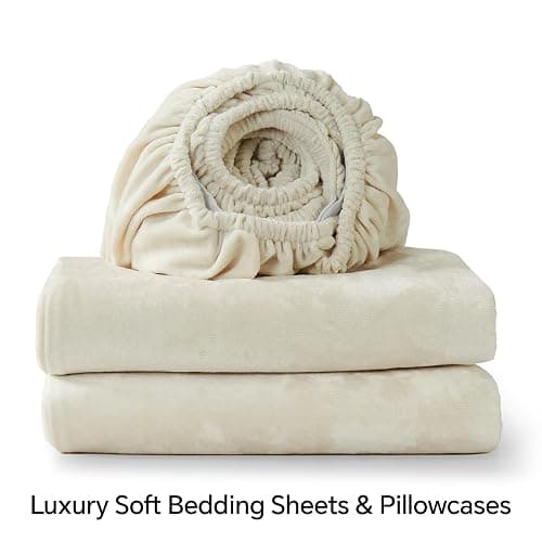 BEDELITE Velvet Fitted Sheet and Pillowcases Set, Luxury Soft Fuzzy Bottom Sheet with Reinforced Elastic Corner Straps, Deep Pocket up to 15 Inch, 1 Fitted Sheet and 2 Pillowcases (Queen, Cream) thumbnail 8