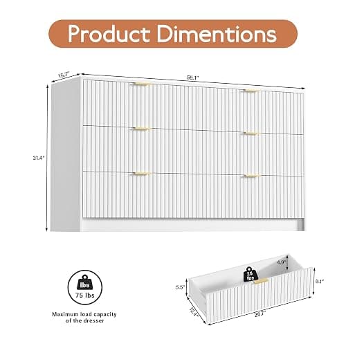 Furniway White Dresser for Bedroom, Modern Dresser with 6 Drawers and Smooth Slides, Wide Chest of Drawers with Golden Handles for Bedroom, Living Room, Closet, 15.7" D x 55.1" W x 31.4" H thumbnail 2