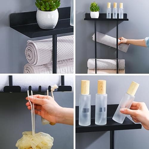 Towel Racks for Bathroom, No Drilling Towel Holder Towel Rack, Towel Storage Wall Mounted, Adjustable Towel Rack Bathroom Storage, Bathroom Towel Shelf for Rolled or Folded Towels, Black thumbnail 5