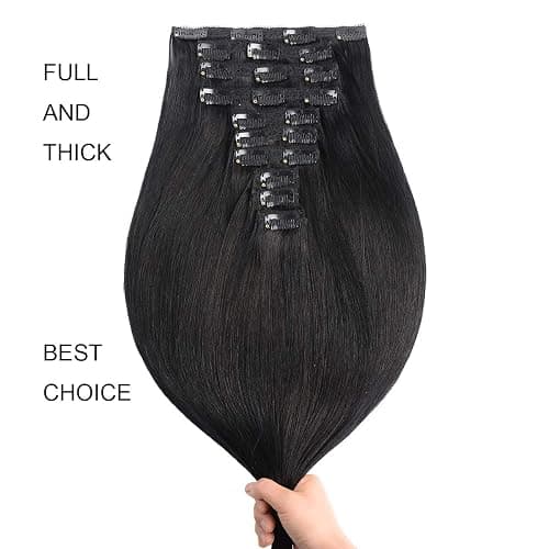 22" Clip in Human Hair Extensions Full Head 200g 10 Pieces 22 Clips 1# Jet Black Double Weft Brazilian Real Remy Hair Extensions Thick Straight Silky (22",200g Jet Black) thumbnail 2