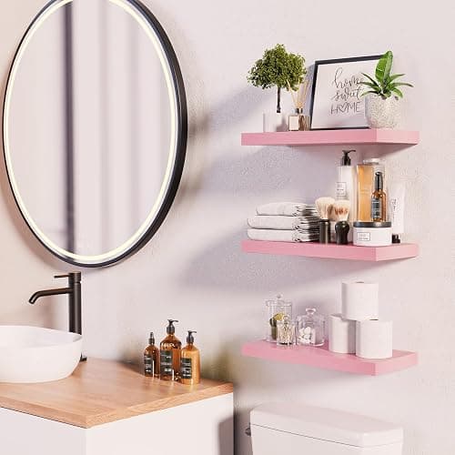 BAYKA Pink Floating Shelves 15.7in, Set of 3, Wall Mounted for Wall Decor | Easy Install, 22lbs Max Load, Hidden Bracket, Shelving for Bathroom Bedroom Kitchen Display Storage, Multi-Wall Compatible thumbnail 2