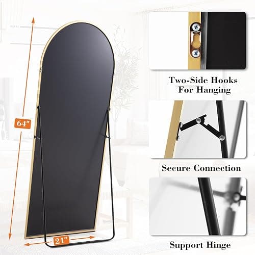 DUMOS 63.6"x20.6" Arched Full Length Mirror with Stand Floor Free Standing Aluminum Frame for Bedroom Body Hanging Leaning Modern Simple Home Decor Shatter-proorf Nano Glass Wall, Gold-Rounded thumbnail 2