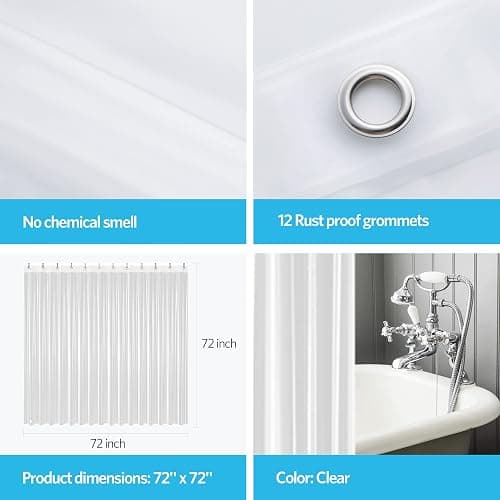 EHZNZIE Clear Shower Curtain Liner Light Weight PEVA, Shower Liner 72x72 Inches, Waterproof, No Chemical Smell with 12 Rust Proof Metal Grommets Holes for Bathroom Shower Curtain thumbnail 4
