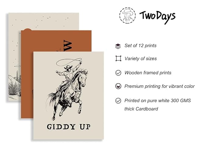 TwoDays Western Wall Decor, Retro Southwest Wall Art, Wild West Cowboy Rodeo Posters, Vintage Country Howdy Prints for Home Living Room Bedroom (Multi Sizes, 8" X 10" Largest, Set of 12, Wooden Framed) thumbnail 3