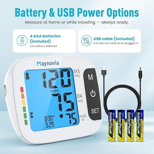 Maynovia Upper Arm Blood Pressure Monitor with Wide Cuff (8.6''–16.5''), Automatic Digital BP Machine for Home Use, Large Backlit Display, Voice Broadcast, Irregular Heartbeat Detection & 2×60 Memory thumbnail 7