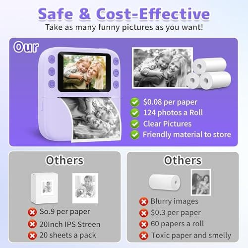 Instant Print Camera for Kids, Christmas Birthday Gifts for Girls Boys, 1080P Instant Digital Print Cameras for Toddler,Portable Toy for 4 5 6 7 8 9 10 Year Old Girl with 32GB SD Card，Purple thumbnail 5