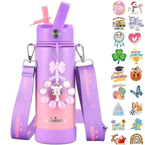 Mininoo Insulated Stainless Steel Kids Water Bottle for School with Straw Lid & Strap, 50 Stickers, 18 oz(Purple/Pink) - Image 1