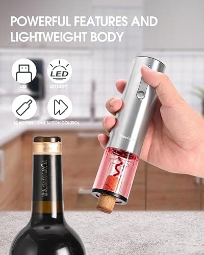 Moriank Electric Wine Opener Set with Stand, Wine Gift Set with Rechargeable Wine Opener, Wine Aerator, Vacuum Stoppers and Foil Cutter, 6-in-1 Wine Bottle Opener Set for Home Party Bar Outdoor Gift - Stainless Steel - 6 in 1 set thumbnail 4