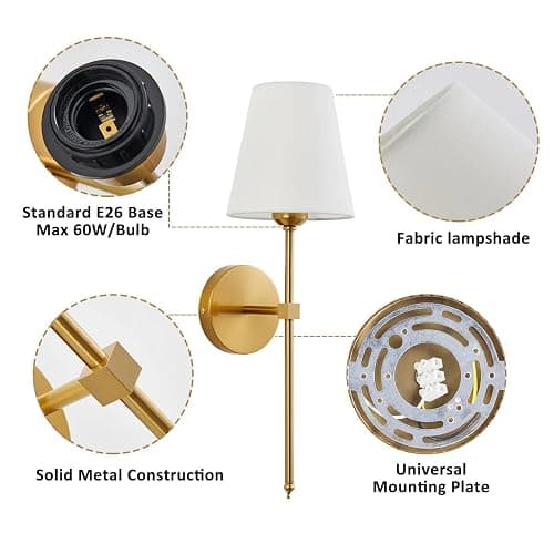 KUAUGST Wall Sconces Sets of 2, Retro Industrial Wall Lamps, Bathroom Vanity Sconces Wall Lighting with White Fabric Shade, Suitable for Bedroom Living Room Corridor Kitchen thumbnail 7
