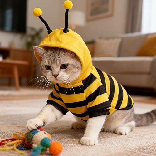 Bumblebee Cat Costume for Sphynx & Small Dogs, Fit Halloween, Yellow, XS | Cute Bee Stripes Hoodie, Soft Warm Fleece, Holiday Cosplay Outfit, Daily Leisure Wear, Easy to Put, Safe for Leash Walking thumbnail 4