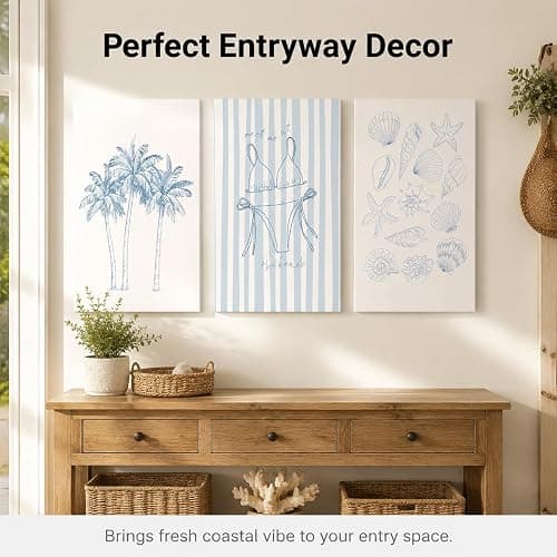 3Pcs Blue Coastal Unframed Canvas Wall Art, Preppy Beach Summer Decor | Palm Tree & Bikini Seashell Line Art, Minimal Nautical Theme, Flexible Frame, for Hallway, Bedroom & Living Room Decor thumbnail 9