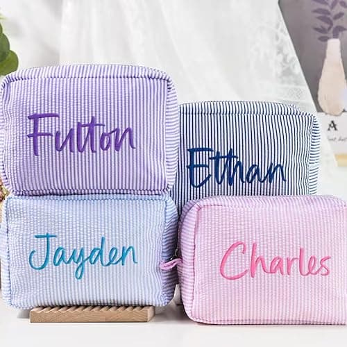 Personalized Cosmetic Bag with Name, Cute Custom Makeup Bags for Women Girls Seersucker Bridesmaid Travel Bag, Organizer Storage Pouch, Cute Pattern, Available to Match Travel Bags thumbnail 5