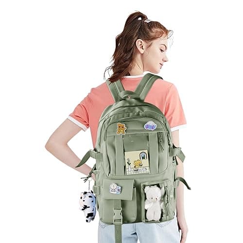 AoMoon Kawaii Backpack Lovely Pastel Rucksack for Teen Girls Aesthetic Student Bookbags with Kawaii Pin and Cute Accessories (Green-C) - Green-c thumbnail 6