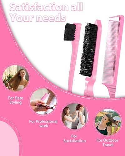 Slick Back Hair Brush, Edge Brush, Hair Accessories Comb Set 3Pcs, Rat Tail Comb for Parting Hair, Teasing Comb for Add Volume Fullness, Edge Brush for Edge Control Black Hair thumbnail 8