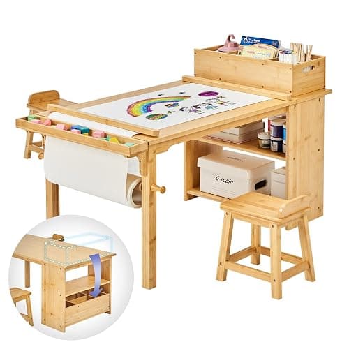 UNICOO Kids Art Table and Chair Set with Paper Roll Holder, Toddler Craft Table with Storage Shelves, Side Supply Tray, Removable Organizer Caddy and 2 Stools, Drawing Activity Desk for Ages 2-12 - Image 1