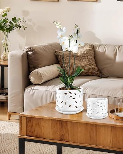 EFISPSS Orchid Pot with Holes, 5+6Inch Ceramic Plant Pots with Drainage Holes and Tray, Promoting Air Circulation and Drainage, Indoor/Outdoor White Flower Pots thumbnail 5