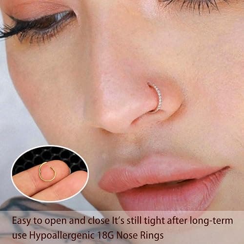 DAILI 8PCS Titanium Nose Rings Stud, Gold Nose Ring for Women Men Hypoallergenic Nostril Hoops L Shape Nose Studs Corkscrew CZ Nose Piercing Jewelry Silver 18G & 20G Nose Ring Studs 2/2.5/3mm thumbnail 4