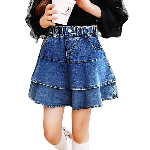 ToeJusty Little Girl's Denim Ruffle Skirts Mini Flared Pleated Toddler Jean Skorts with Shorts Underneath 3-14 Years thumbnail 2