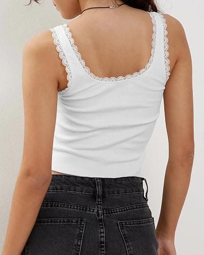 NODHUT Women's Tank Tops Cute Slim Fitted Ribbed Knit Bow Lace Camisole Top Sexy Summer Square Neck Sleeveless Going Out Tops thumbnail 2
