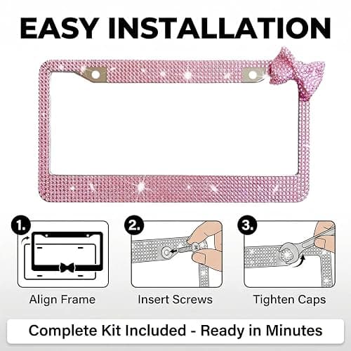 Wanheart 1 Pack Pink Bling License Plate Frame with Pink Corner Bow | Pink frame and upper-right bow, Fits 12 x 6 in plates, Stainless steel base, Hardware and extra stones included thumbnail 3