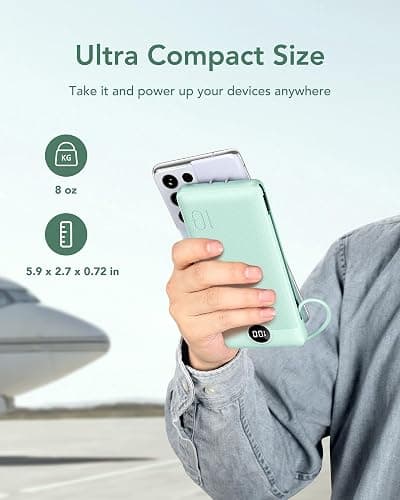 VEGER Portable Charger with Built-in AC Plug and Cables, All in One 10000mAh Ultra Slim Power Bank Travel Essentials, 15W Fast Charging Battery Pack Compatible with iPhone, Samsung, Android (Green) thumbnail 8