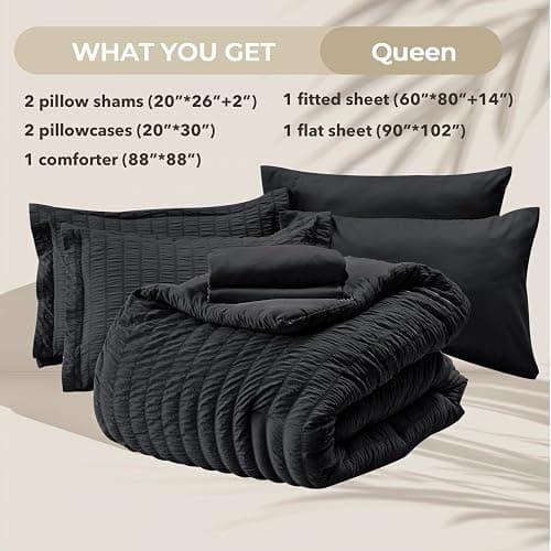 HYMOKEGE Black Queen Comforter Set Seersucker 7 Pieces, All Season Luxury Bed in a Bag for Bedroom, Bedding Set with Comforters, Sheets, Pillowcases & Shams thumbnail 5