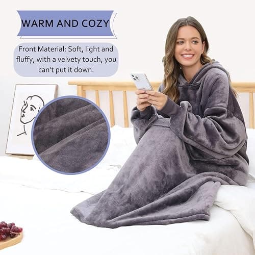 FUSSEDA Oversized Wearable Blanket Sweatshirt, Thick Warm Fleece Cozy Sherpa Hooded with Pockets and Sleeves Gift for Adult thumbnail 5