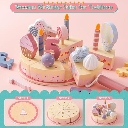 ZRUNBO Wooden Birthday Party Cake Toys,Wooden Play Food Set Toys for Kid | Kitchen Accessories Pretend Play Toy Educational Toys Gift For Birthdays&Christmas thumbnail 4